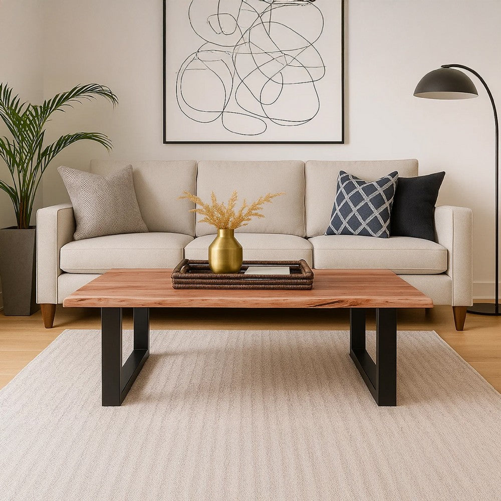 The Urban Port 45 Inch Acacia Wood Rectangular Coffee Table, Live Edge Details, Black Powder Coated Metal Sled Base, Natural Brown