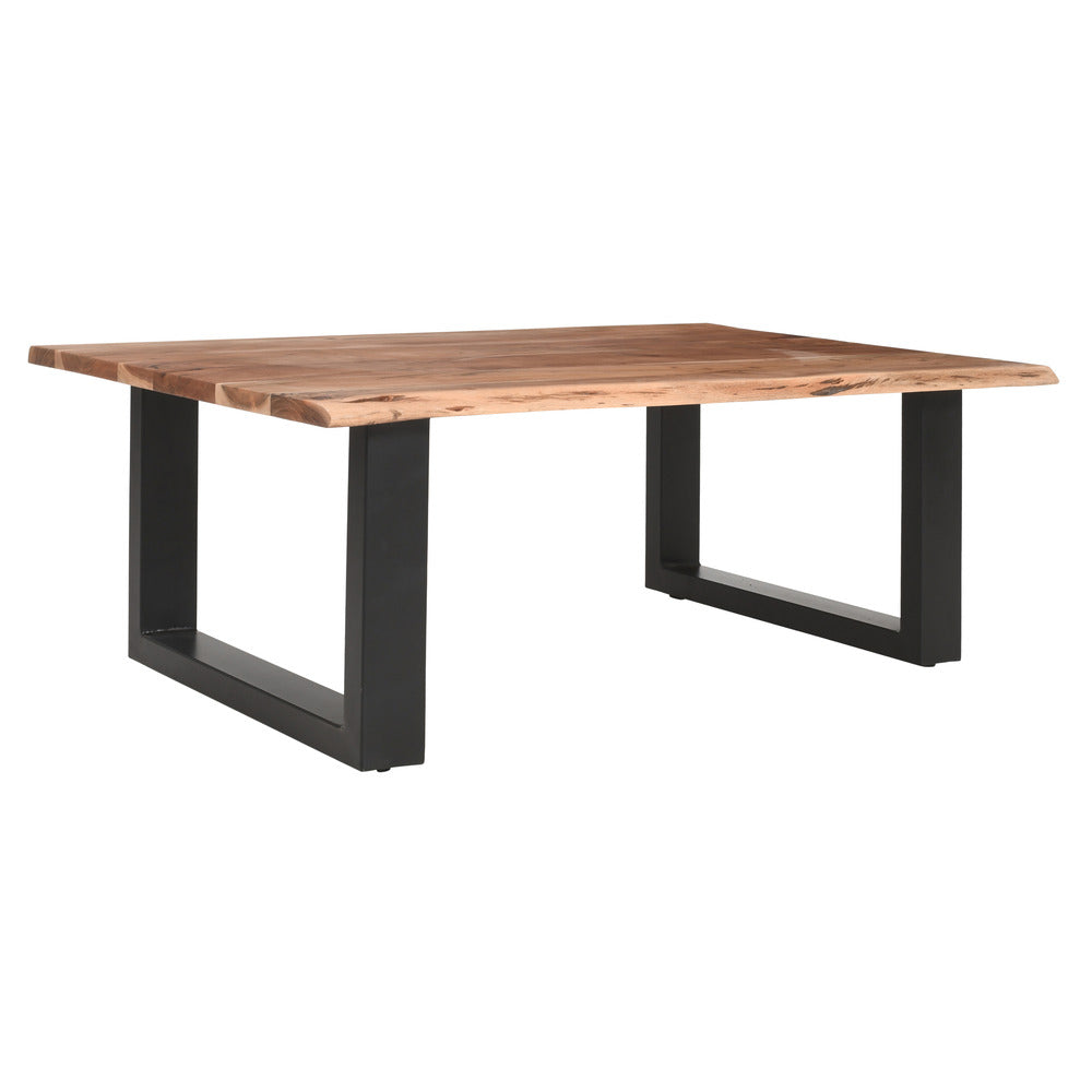 The Urban Port 45 Inch Acacia Wood Rectangular Coffee Table, Live Edge Details, Black Powder Coated Metal Sled Base, Natural Brown