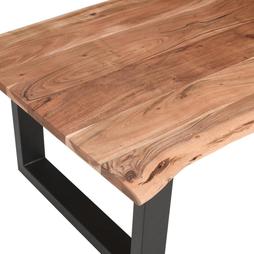 The Urban Port 45 Inch Acacia Wood Rectangular Coffee Table, Live Edge Details, Black Powder Coated Metal Sled Base, Natural Brown