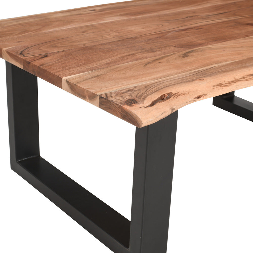 The Urban Port 45 Inch Acacia Wood Rectangular Coffee Table, Live Edge Details, Black Powder Coated Metal Sled Base, Natural Brown