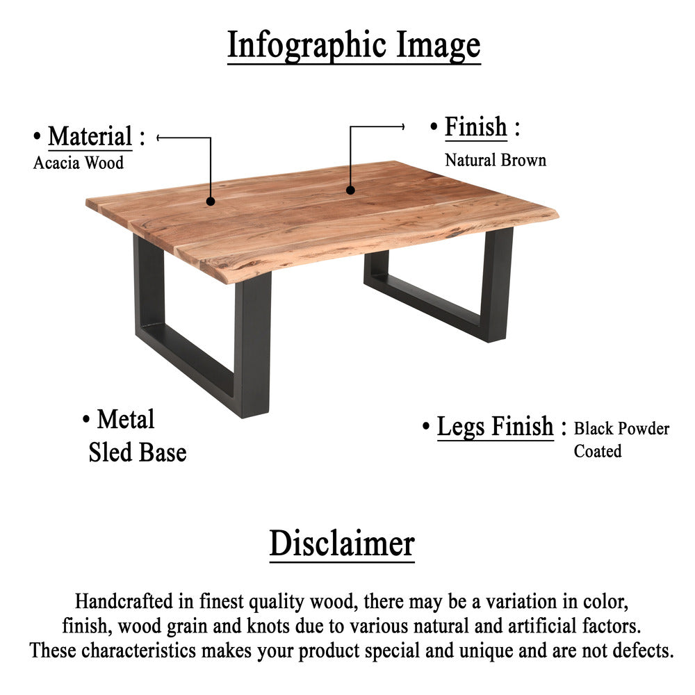 The Urban Port 45 Inch Acacia Wood Rectangular Coffee Table, Live Edge Details, Black Powder Coated Metal Sled Base, Natural Brown