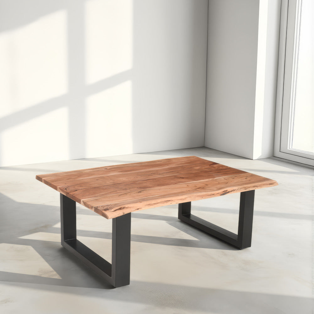 The Urban Port 45 Inch Acacia Wood Rectangular Coffee Table, Live Edge Details, Black Powder Coated Metal Sled Base, Natural Brown