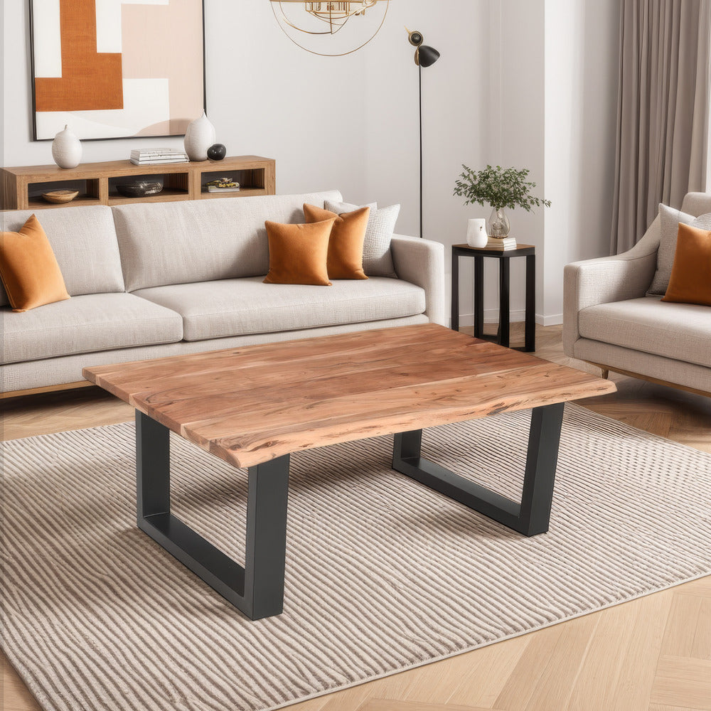 The Urban Port 45 Inch Acacia Wood Rectangular Coffee Table, Live Edge Details, Black Powder Coated Metal Sled Base, Natural Brown