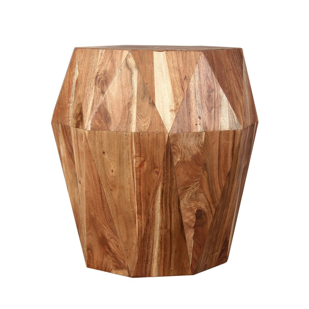 The Urban Port Bon 22 Inch Artisanal Side End Table, Multifaceted Solid Acacia Wood, Octagon Top, Natural Brown