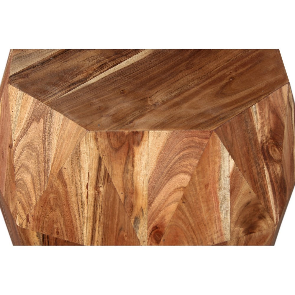 The Urban Port Bon 22 Inch Artisanal Side End Table, Multifaceted Solid Acacia Wood, Octagon Top, Natural Brown