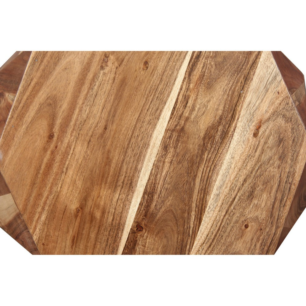The Urban Port Bon 22 Inch Artisanal Side End Table, Multifaceted Solid Acacia Wood, Octagon Top, Natural Brown