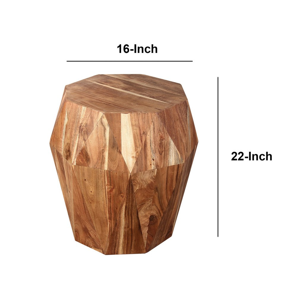 The Urban Port Bon 22 Inch Artisanal Side End Table, Multifaceted Solid Acacia Wood, Octagon Top, Natural Brown