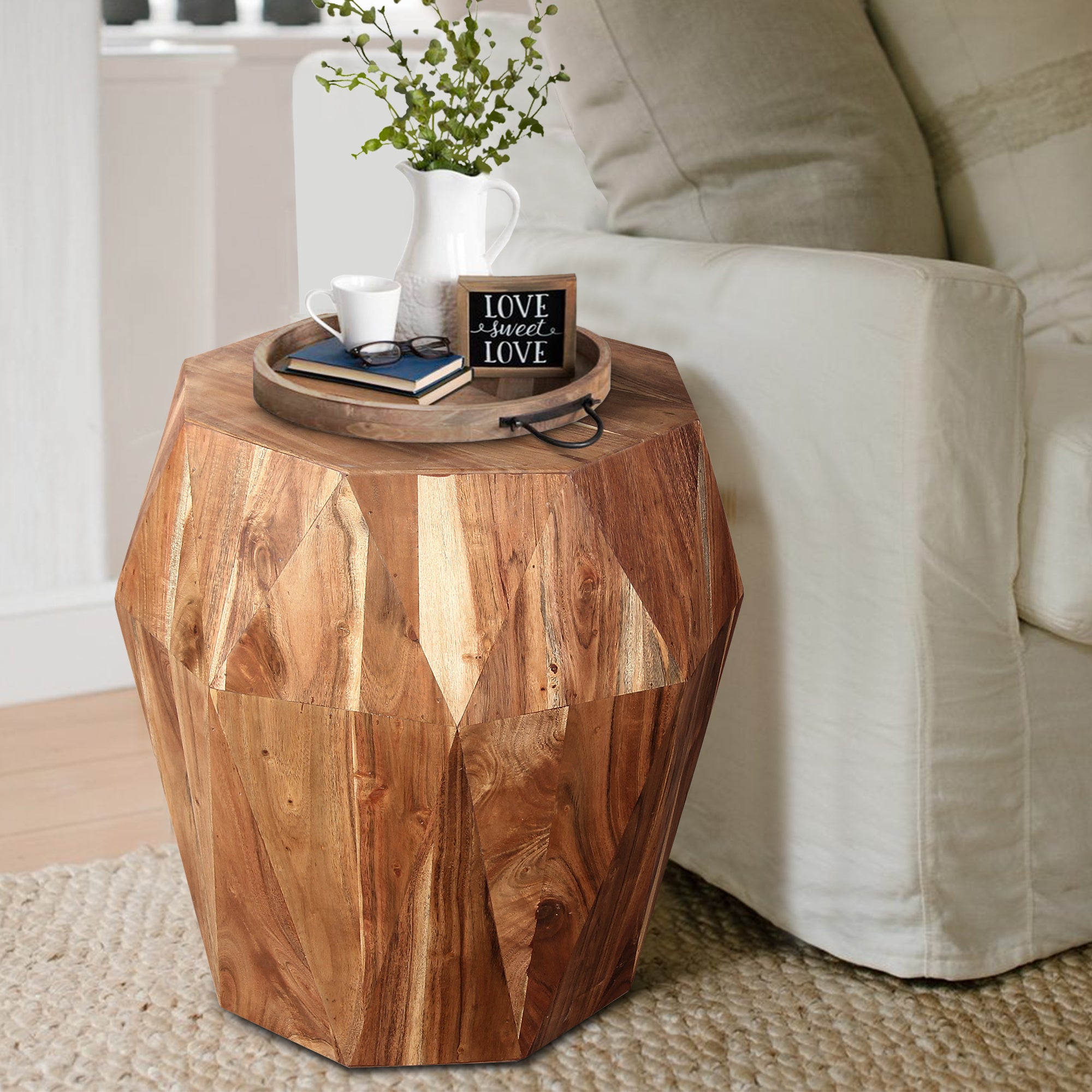 The Urban Port Bon 22 Inch Artisanal Side End Table, Multifaceted Solid Acacia Wood, Octagon Top, Natural Brown
