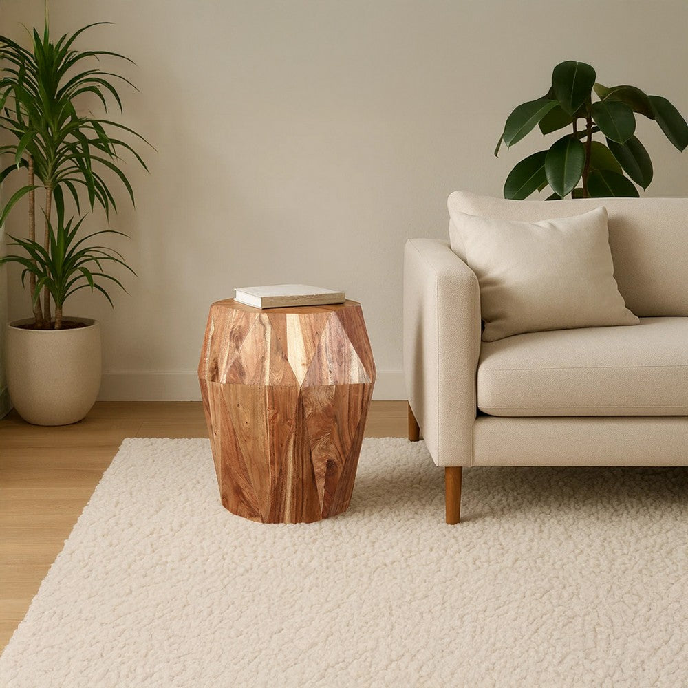 The Urban Port Bon 22 Inch Artisanal Side End Table, Multifaceted Solid Acacia Wood, Octagon Top, Natural Brown
