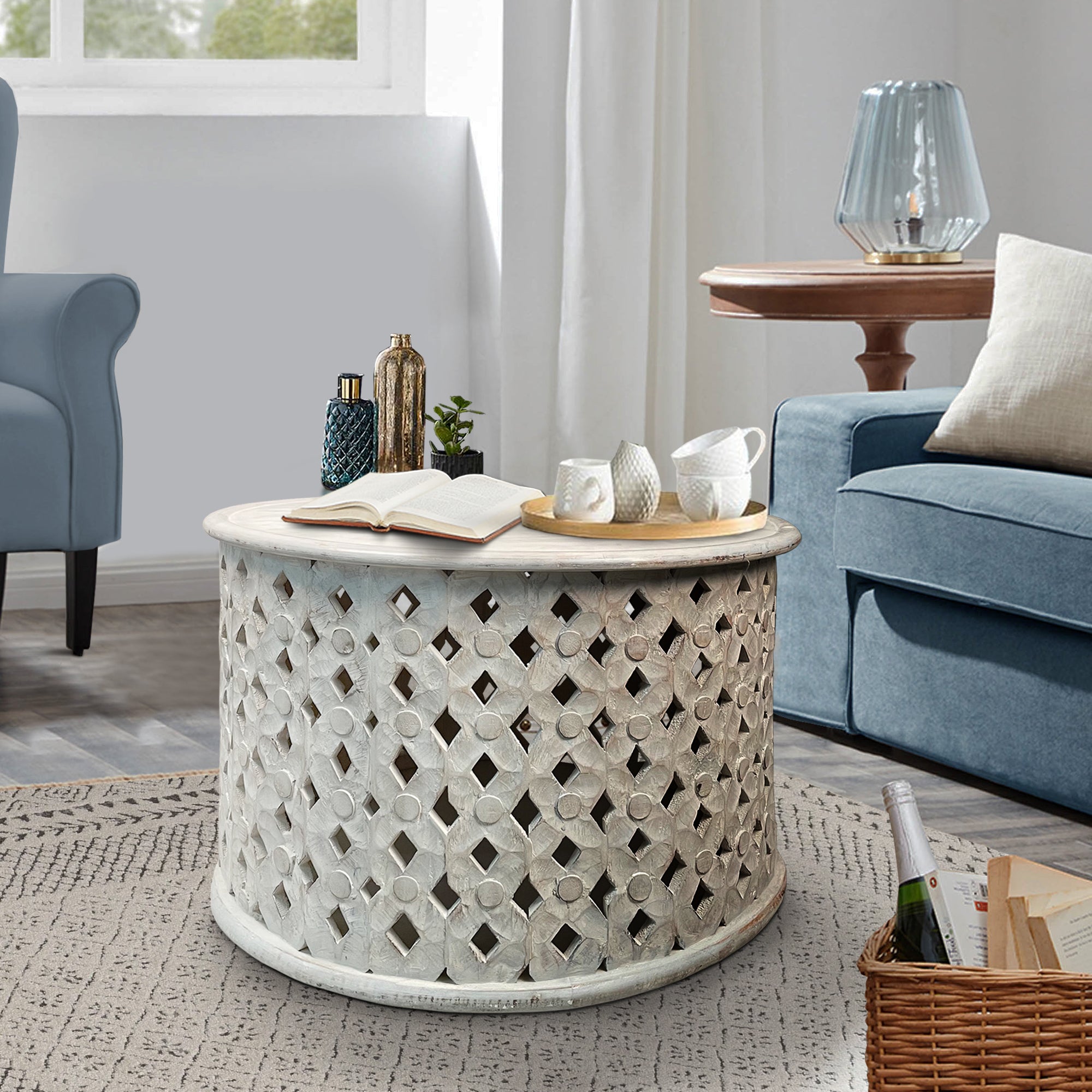 The Urban Port Cato 28 Inch Artisanal Round Mango Wood Coffee Table, Intricate Diamond Lattice Cut Out Frame, Washed White