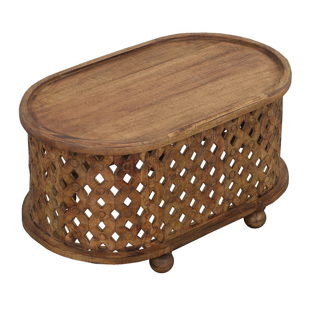 The Urban Port 36 Inch Handcrafted Oval Coffee Table, Intricate Cutout Design, Antique Brown