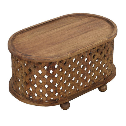 The Urban Port 36 Inch Handcrafted Oval Coffee Table, Intricate Cutout Design, Antique Brown