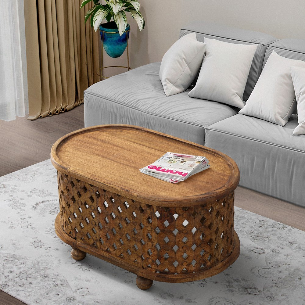 The Urban Port 36 Inch Handcrafted Oval Coffee Table, Intricate Cutout Design, Antique Brown