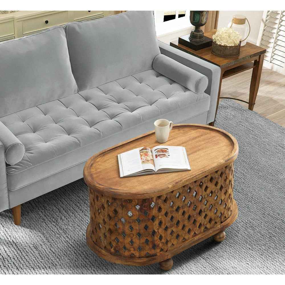 The Urban Port 36 Inch Handcrafted Oval Coffee Table, Intricate Cutout Design, Antique Brown