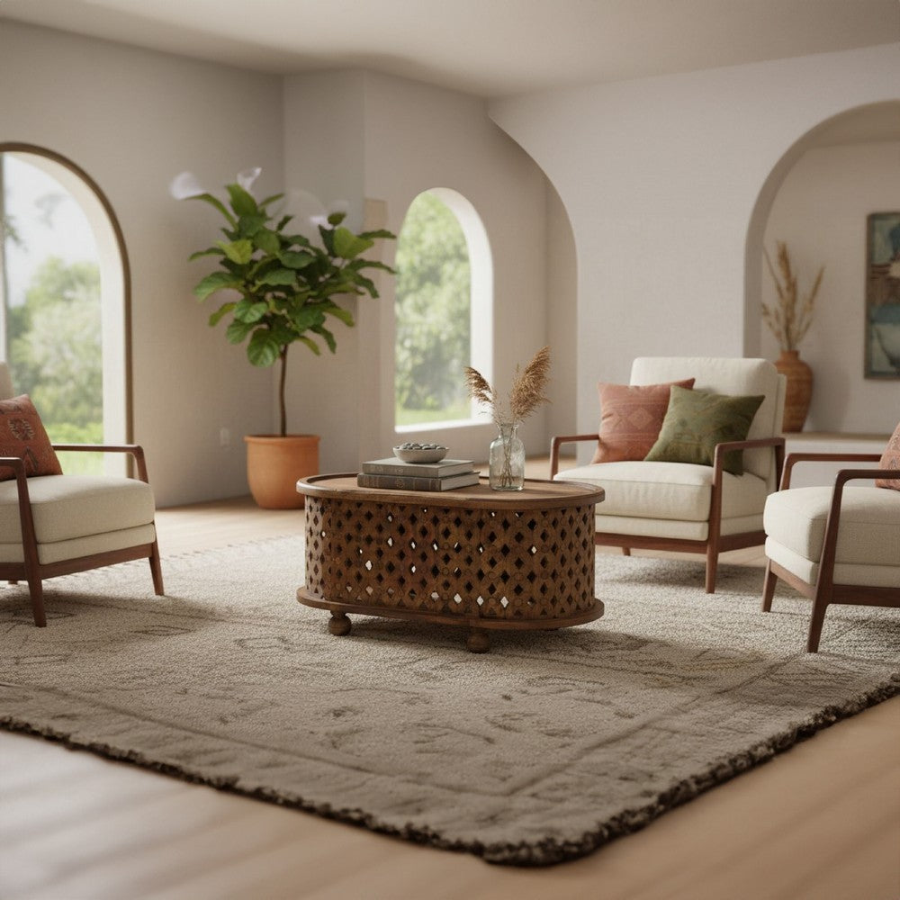 The Urban Port 36 Inch Handcrafted Oval Coffee Table, Intricate Cutout Design, Antique Brown