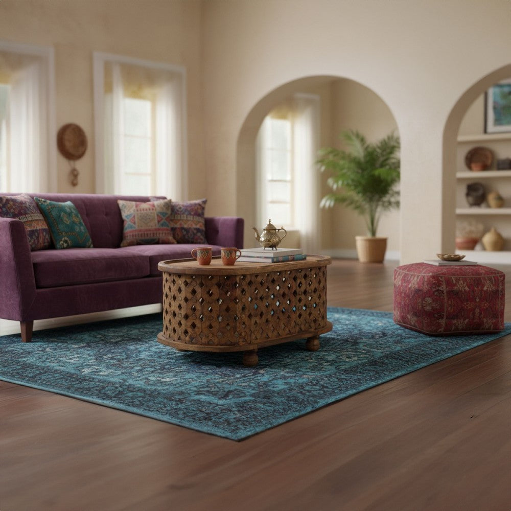 The Urban Port 36 Inch Handcrafted Oval Coffee Table, Intricate Cutout Design, Antique Brown