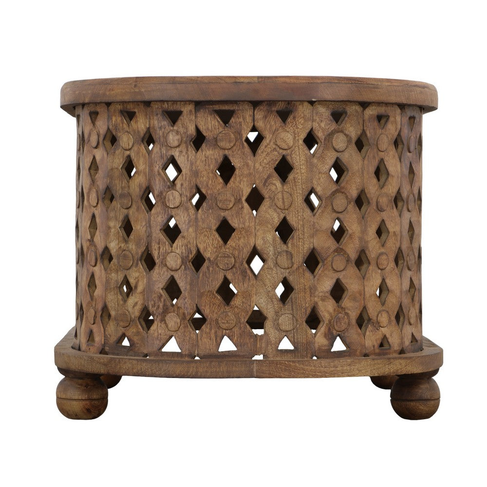 The Urban Port 36 Inch Handcrafted Oval Coffee Table, Intricate Cutout Design, Antique Brown