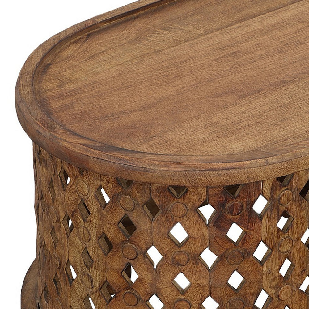 The Urban Port 36 Inch Handcrafted Oval Coffee Table, Intricate Cutout Design, Antique Brown