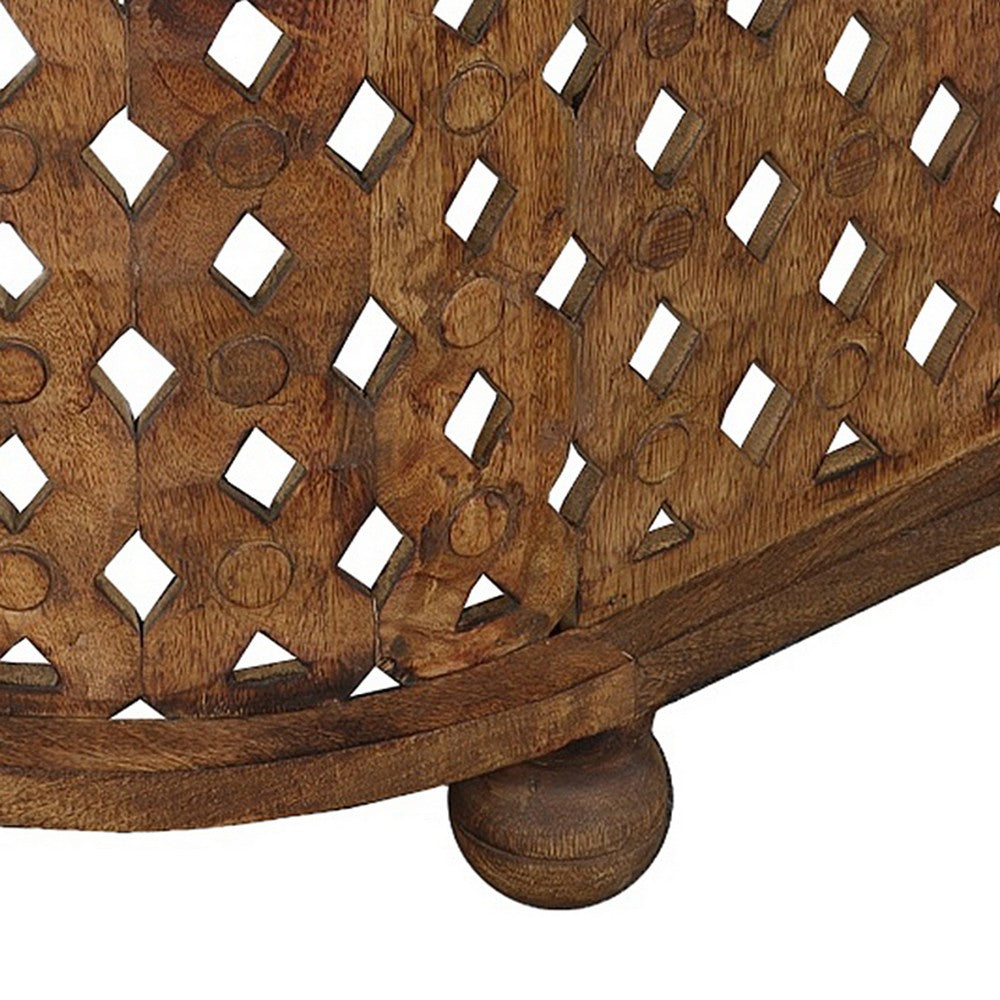 The Urban Port 36 Inch Handcrafted Oval Coffee Table, Intricate Cutout Design, Antique Brown