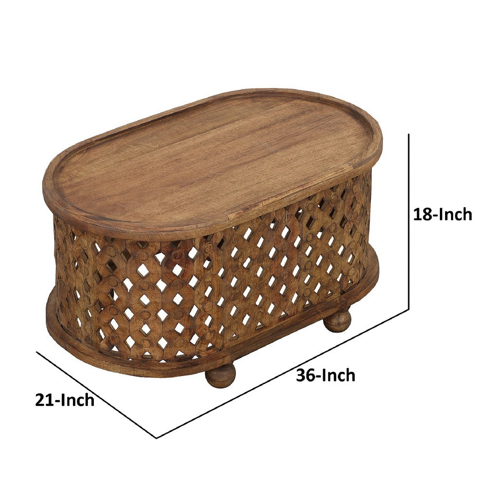 The Urban Port 36 Inch Handcrafted Oval Coffee Table, Intricate Cutout Design, Antique Brown
