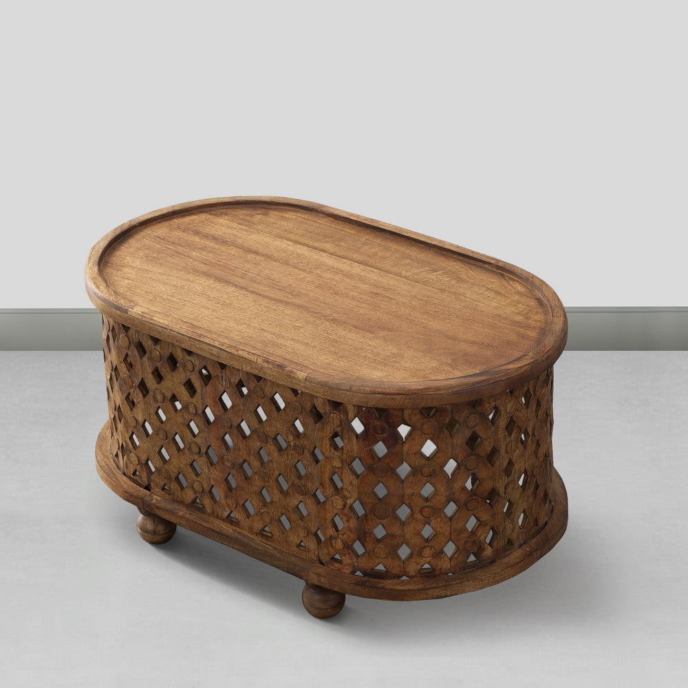 The Urban Port 36 Inch Handcrafted Oval Coffee Table, Intricate Cutout Design, Antique Brown