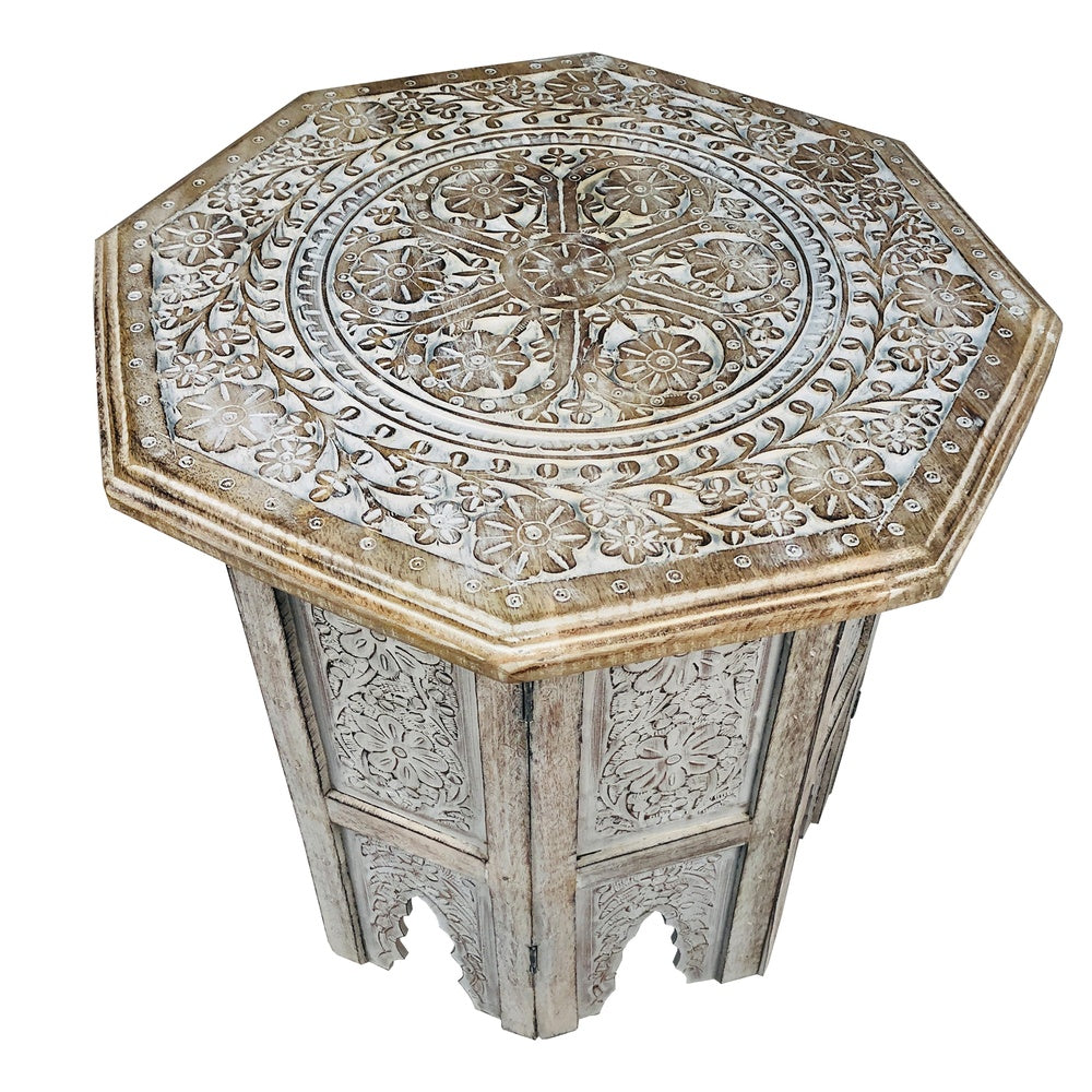 The Urban Port Olta 18 Inch Handcrafted Farmhouse Side Table, Engraved Carved Design, Mango Wood, Octagonal Top, Antique Brown