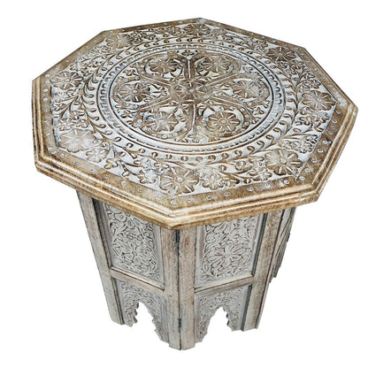 The Urban Port Olta 18 Inch Handcrafted Farmhouse Side Table, Engraved Carved Design, Mango Wood, Octagonal Top, Antique Brown