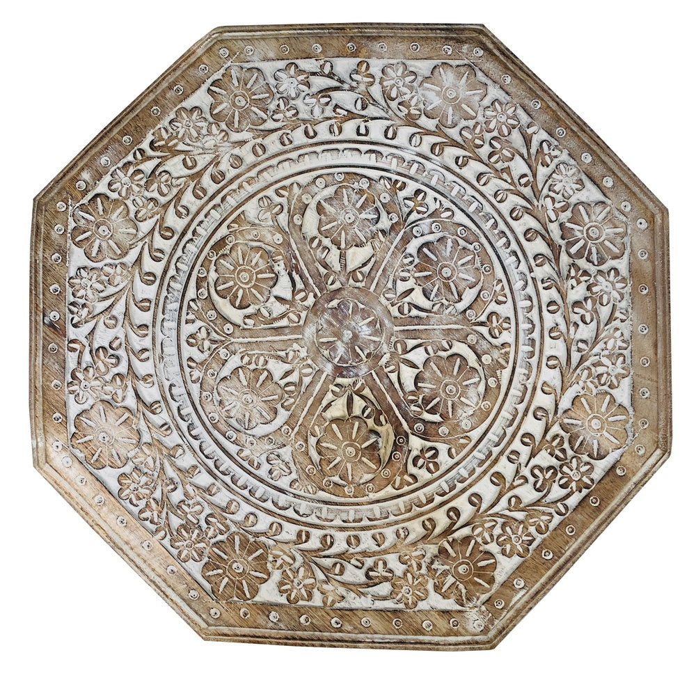 The Urban Port Olta 18 Inch Handcrafted Farmhouse Side Table, Engraved Carved Design, Mango Wood, Octagonal Top, Antique Brown