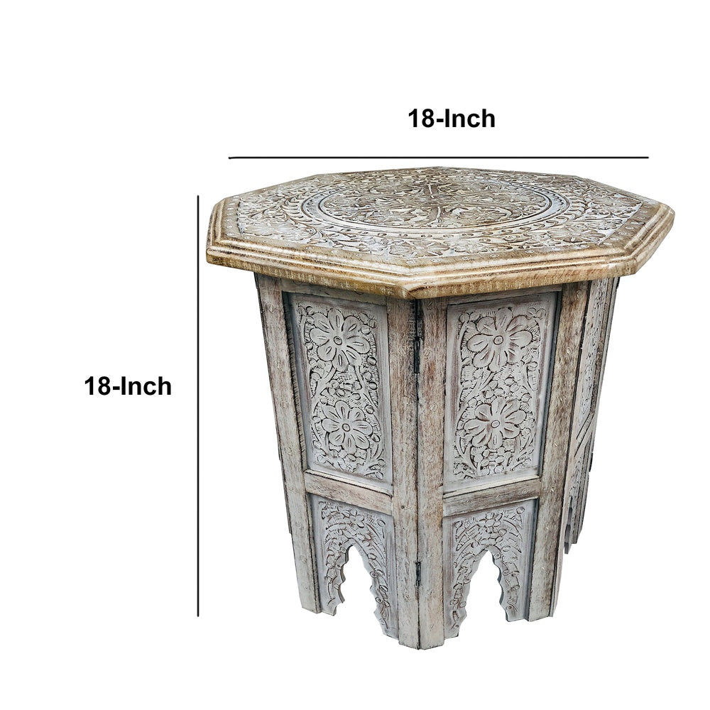 The Urban Port Olta 18 Inch Handcrafted Farmhouse Side Table, Engraved Carved Design, Mango Wood, Octagonal Top, Antique Brown