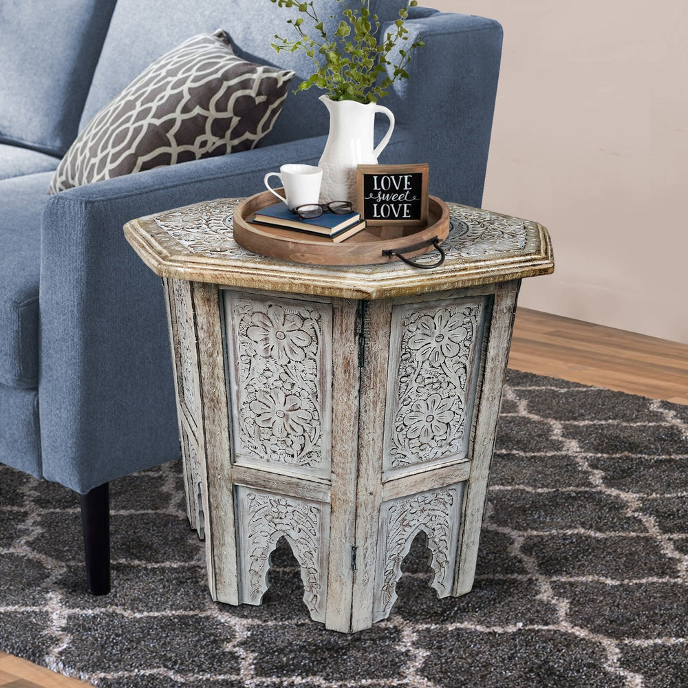 The Urban Port Olta 18 Inch Handcrafted Farmhouse Side Table, Engraved Carved Design, Mango Wood, Octagonal Top, Antique Brown