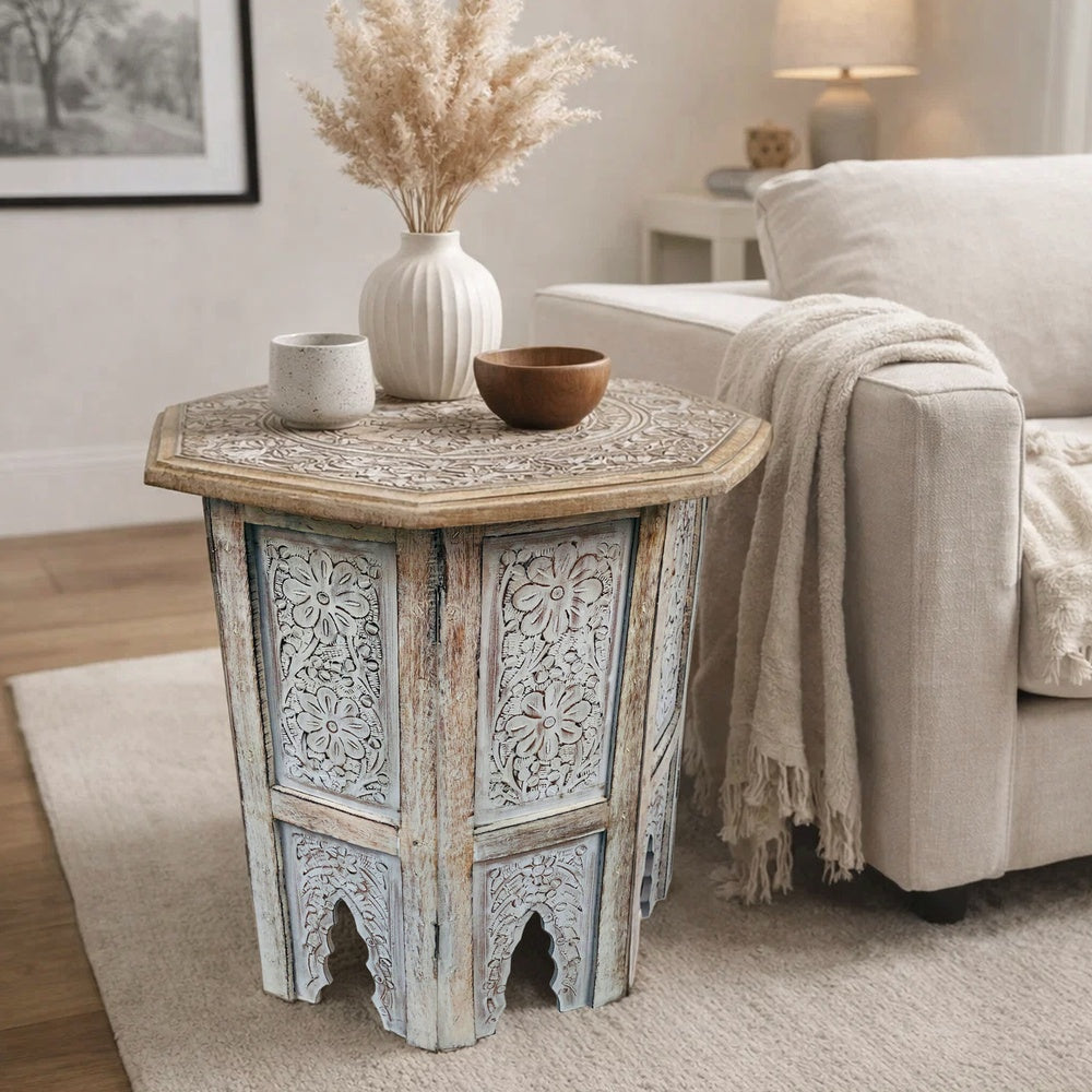 The Urban Port Olta 18 Inch Handcrafted Farmhouse Side Table, Engraved Carved Design, Mango Wood, Octagonal Top, Antique Brown