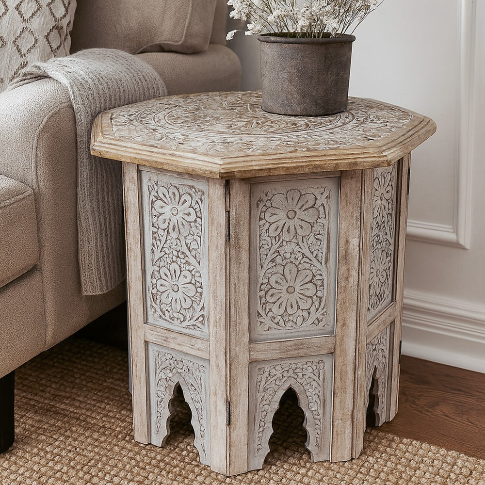 The Urban Port Olta 18 Inch Handcrafted Farmhouse Side Table, Engraved Carved Design, Mango Wood, Octagonal Top, Antique Brown
