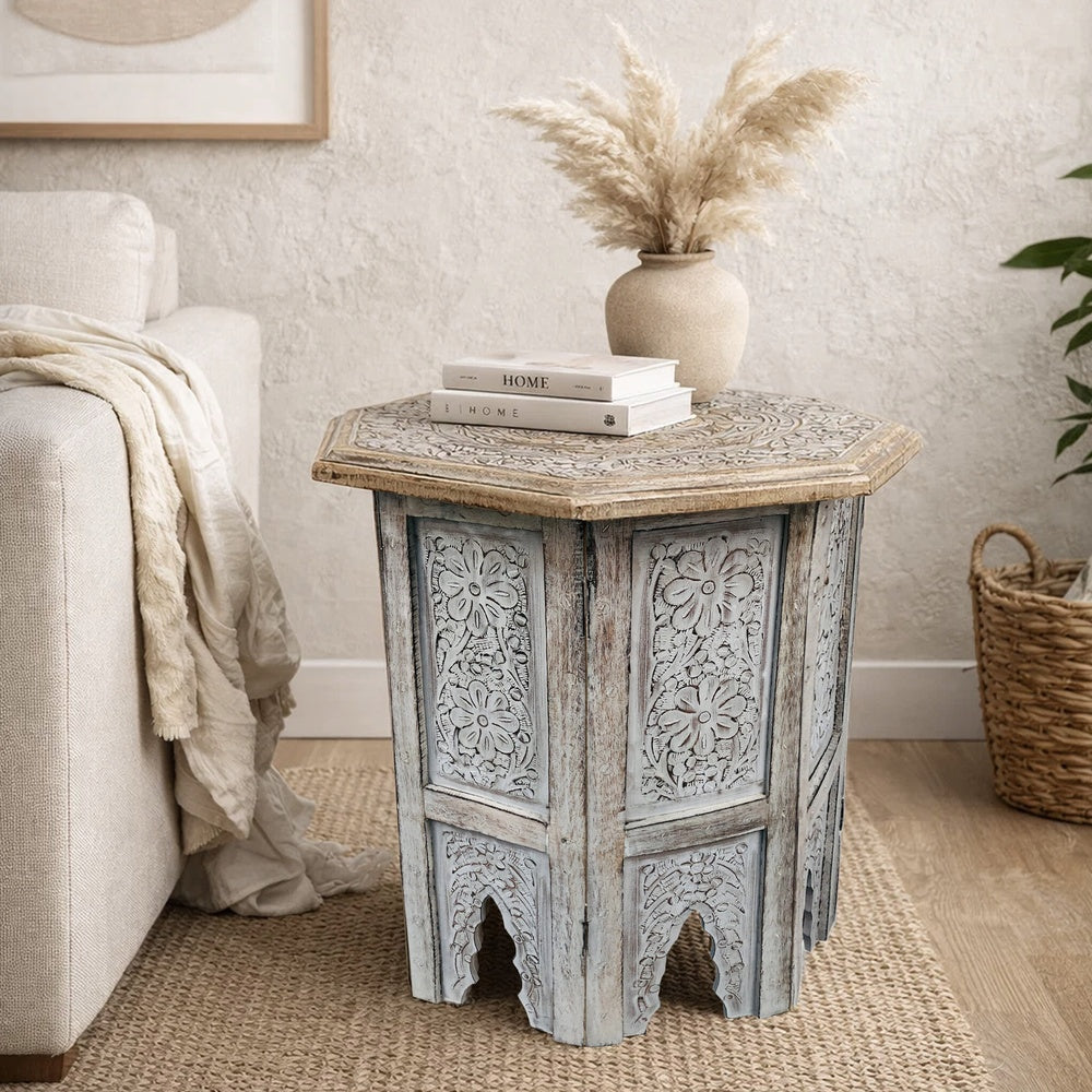 The Urban Port Olta 18 Inch Handcrafted Farmhouse Side Table, Engraved Carved Design, Mango Wood, Octagonal Top, Antique Brown