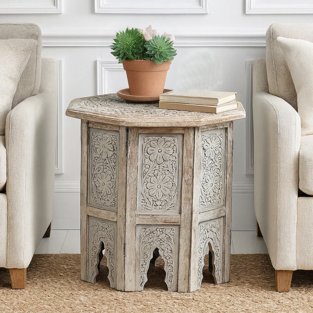 The Urban Port Olta 18 Inch Handcrafted Farmhouse Side Table, Engraved Carved Design, Mango Wood, Octagonal Top, Antique Brown