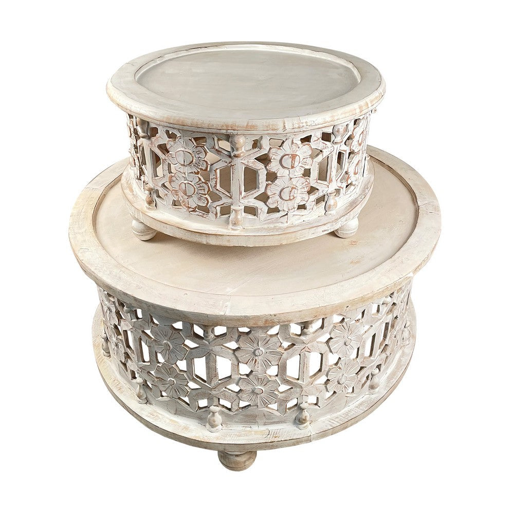 The Urban Port 30 Inch Round 2 Piece Wood Coffee Table Set, Carved Floral Design, Antique White