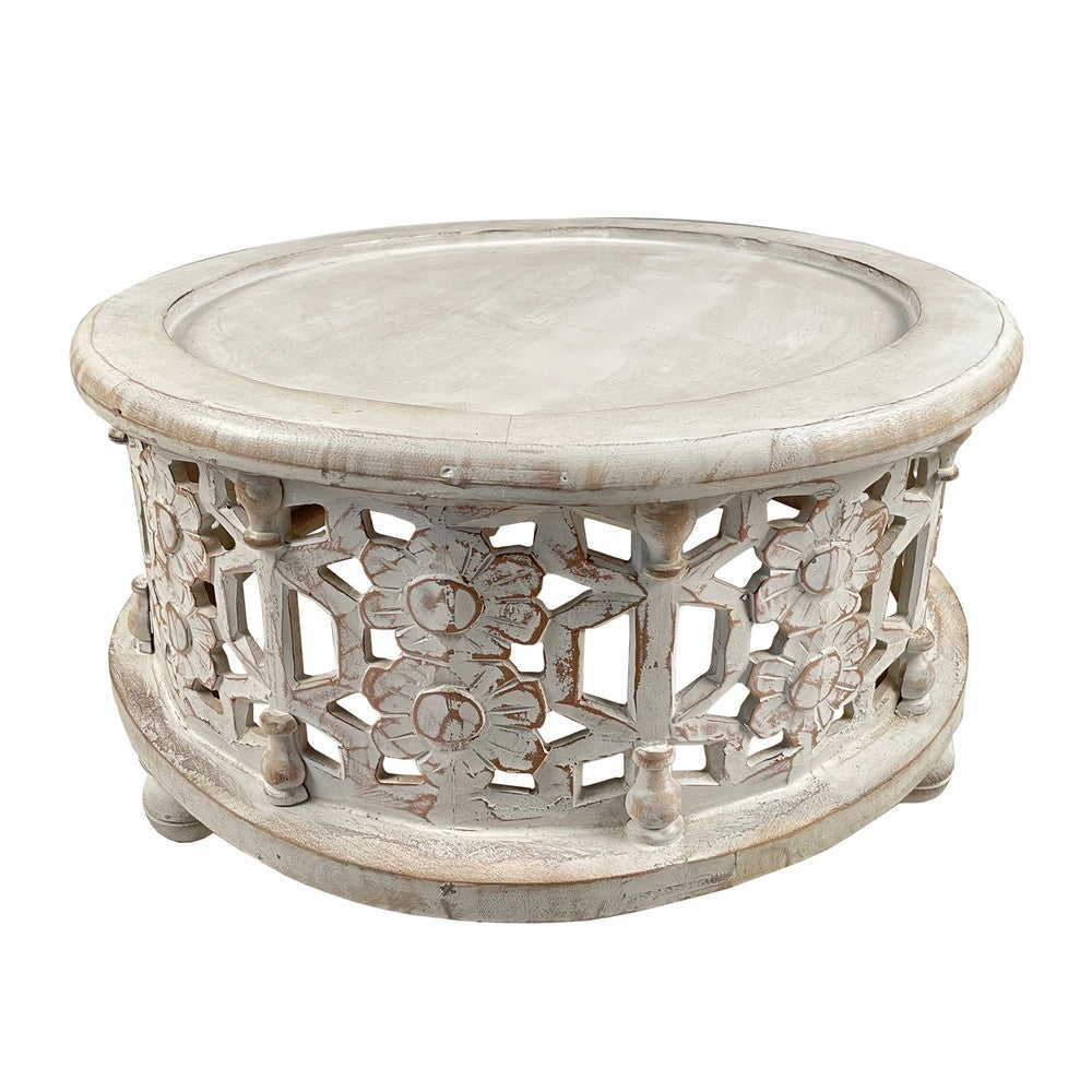 The Urban Port 30 Inch Round 2 Piece Wood Coffee Table Set, Carved Floral Design, Antique White