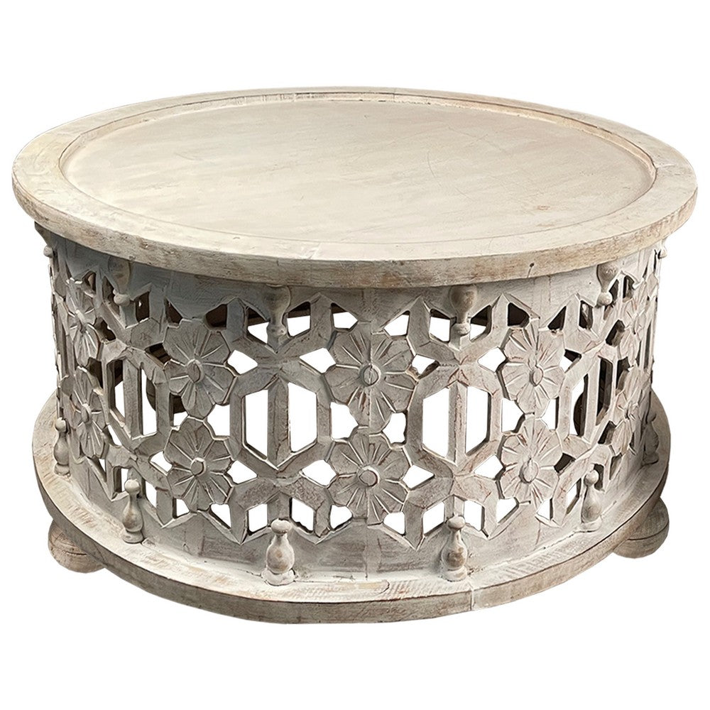 The Urban Port 30 Inch Round 2 Piece Wood Coffee Table Set, Carved Floral Design, Antique White