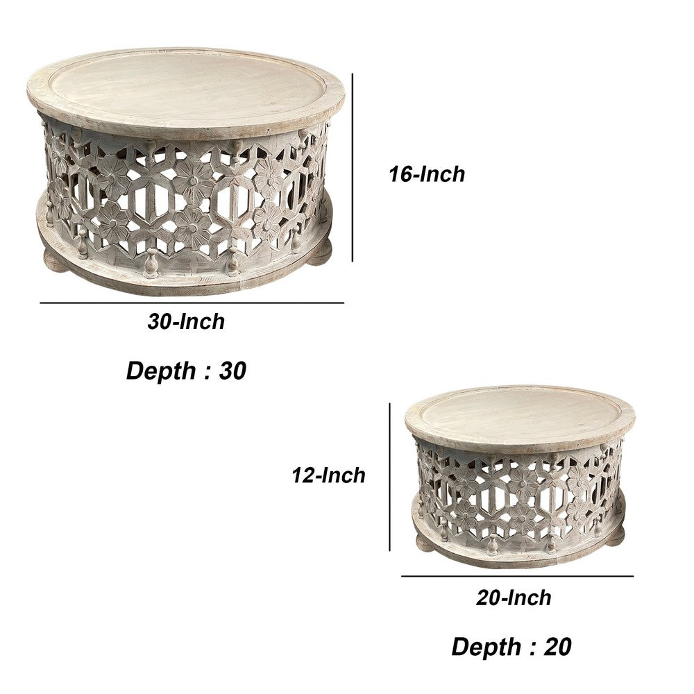 The Urban Port 30 Inch Round 2 Piece Wood Coffee Table Set, Carved Floral Design, Antique White