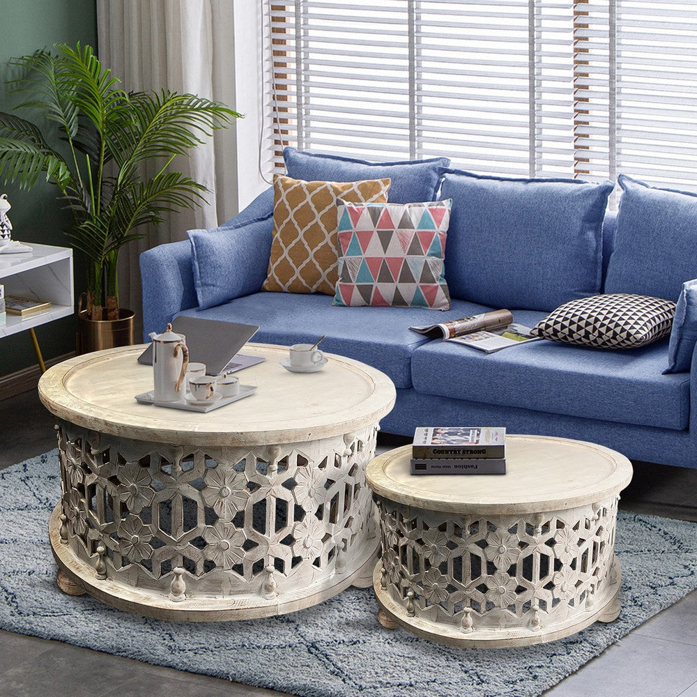 The Urban Port 30 Inch Round 2 Piece Wood Coffee Table Set, Carved Floral Design, Antique White