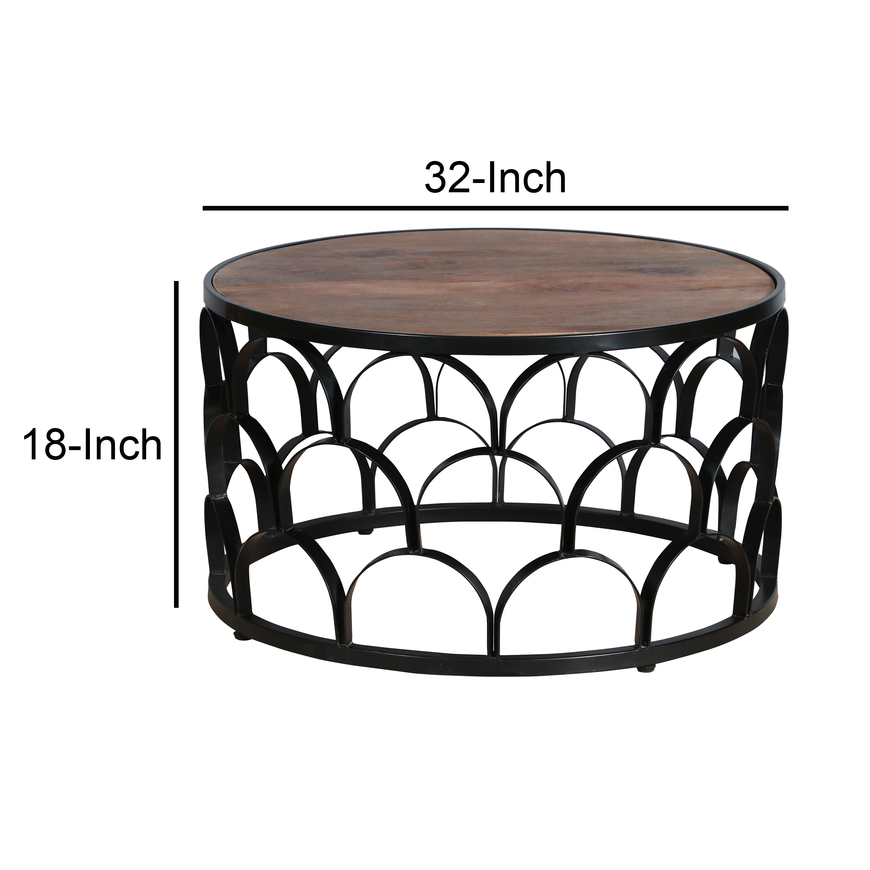 The Urban Port Dex 32 Inch Round Coffee Table, Mango Wood Top, Lattice Cut Out Metal Frame, Brown, Black