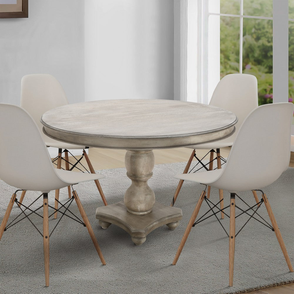 The Urban Port 42 Inch Handcrafted Mango Wood Dining Table, Pedestal Base, Round Molded Top, Washed White, Gray