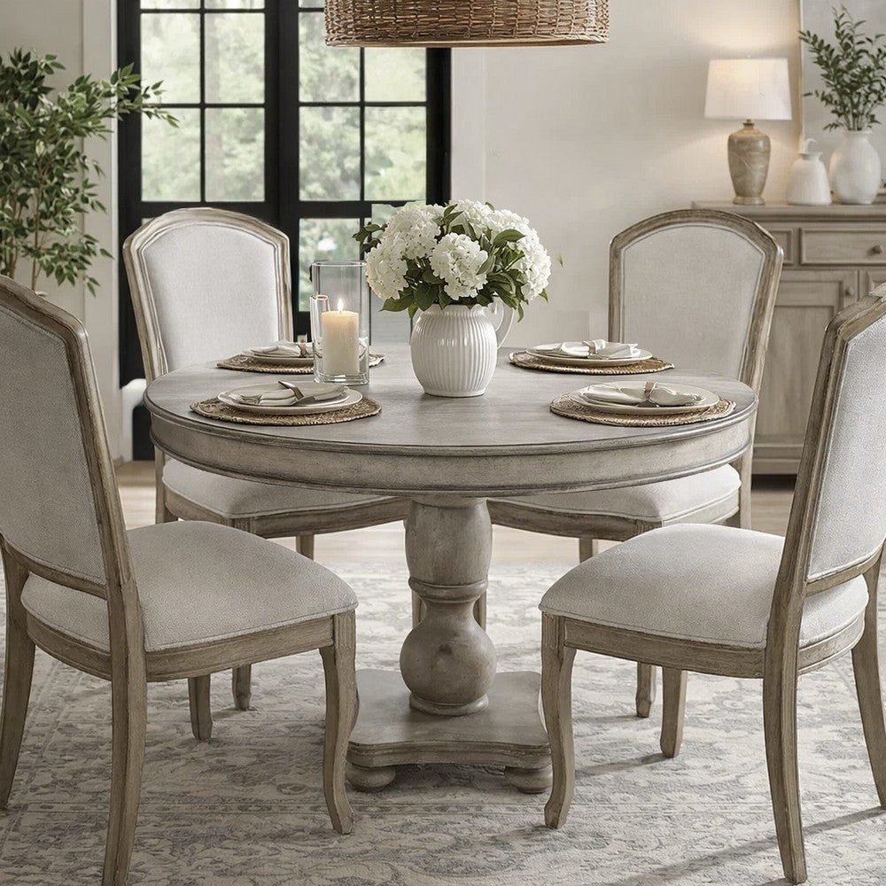 The Urban Port 42 Inch Handcrafted Mango Wood Dining Table, Pedestal Base, Round Molded Top, Washed White, Gray