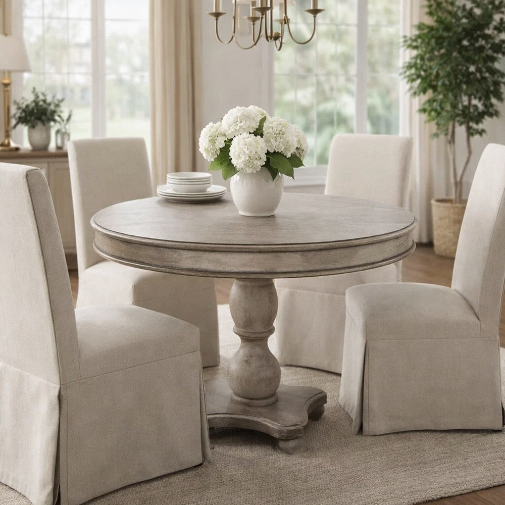 The Urban Port 42 Inch Handcrafted Mango Wood Dining Table, Pedestal Base, Round Molded Top, Washed White, Gray