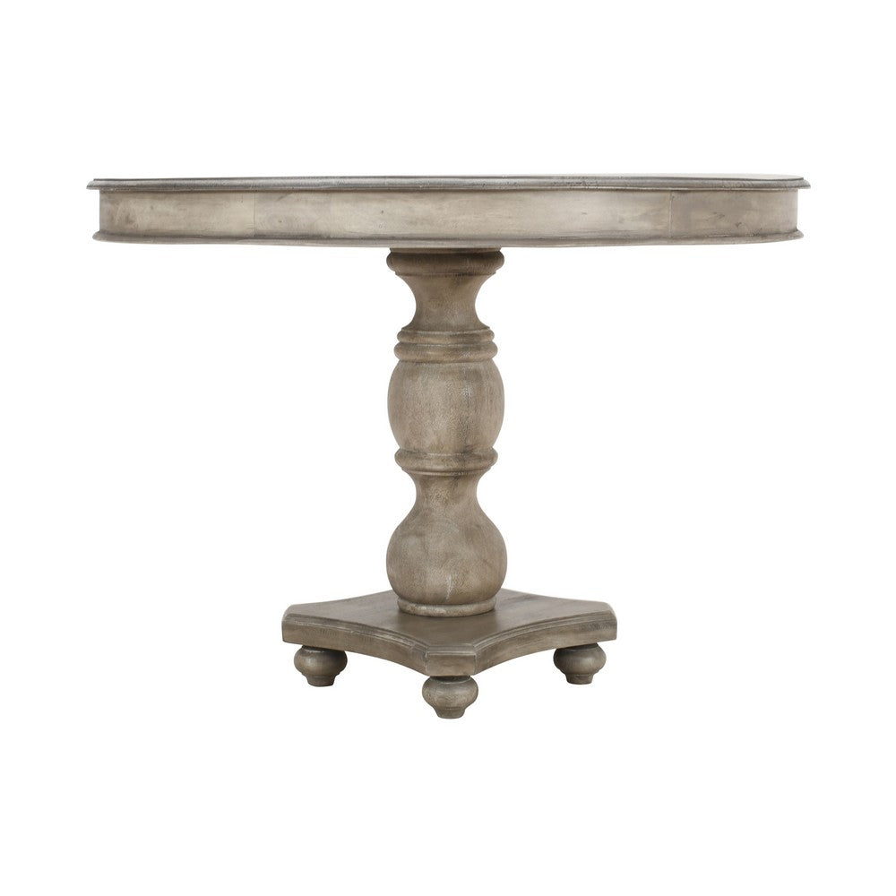 The Urban Port 42 Inch Handcrafted Mango Wood Dining Table, Pedestal Base, Round Molded Top, Washed White, Gray