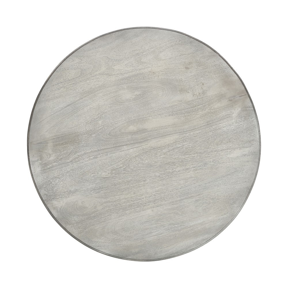 The Urban Port 42 Inch Handcrafted Mango Wood Dining Table, Pedestal Base, Round Molded Top, Washed White, Gray