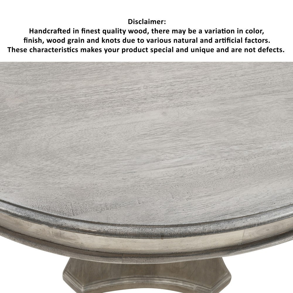 The Urban Port 42 Inch Handcrafted Mango Wood Dining Table, Pedestal Base, Round Molded Top, Washed White, Gray