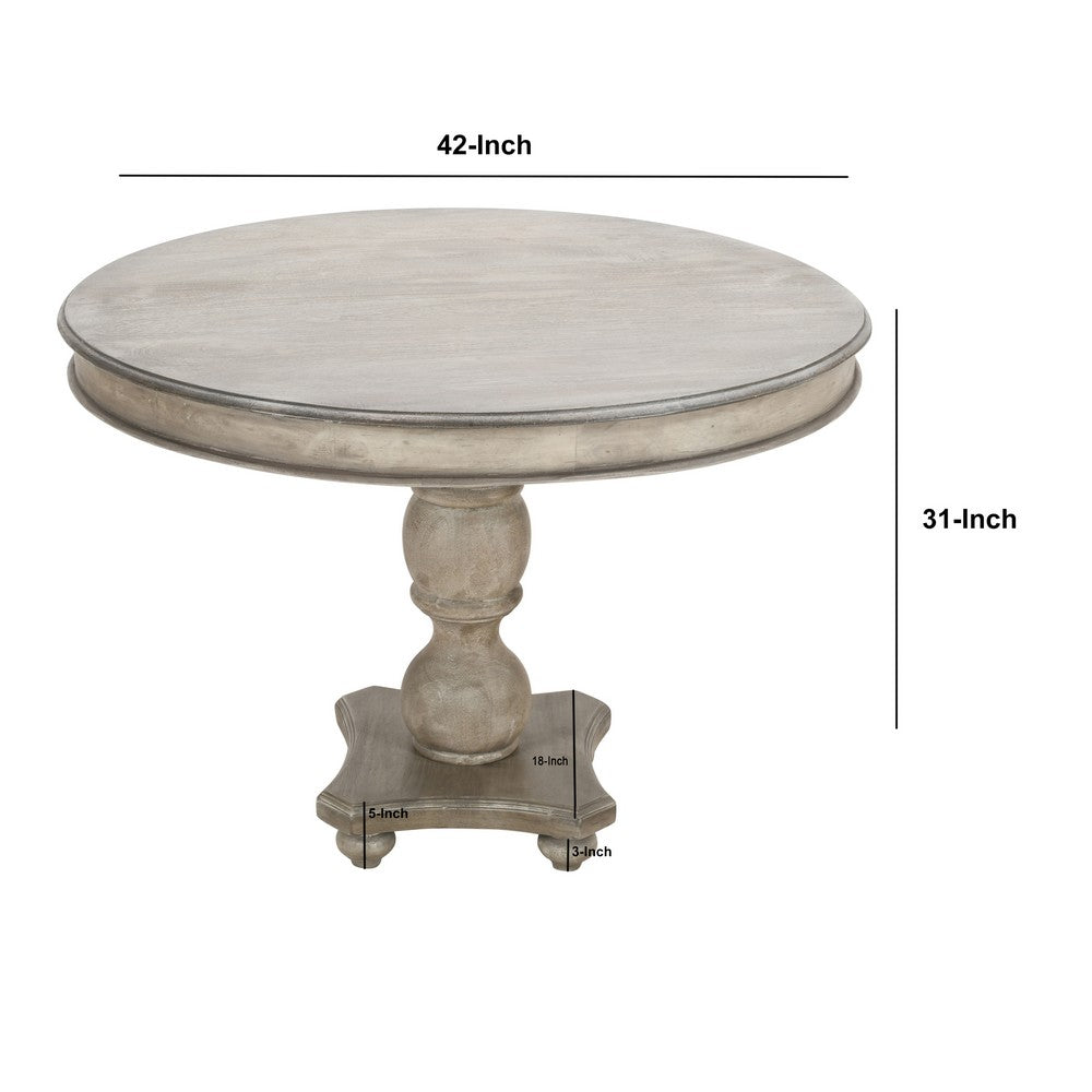 The Urban Port 42 Inch Handcrafted Mango Wood Dining Table, Pedestal Base, Round Molded Top, Washed White, Gray
