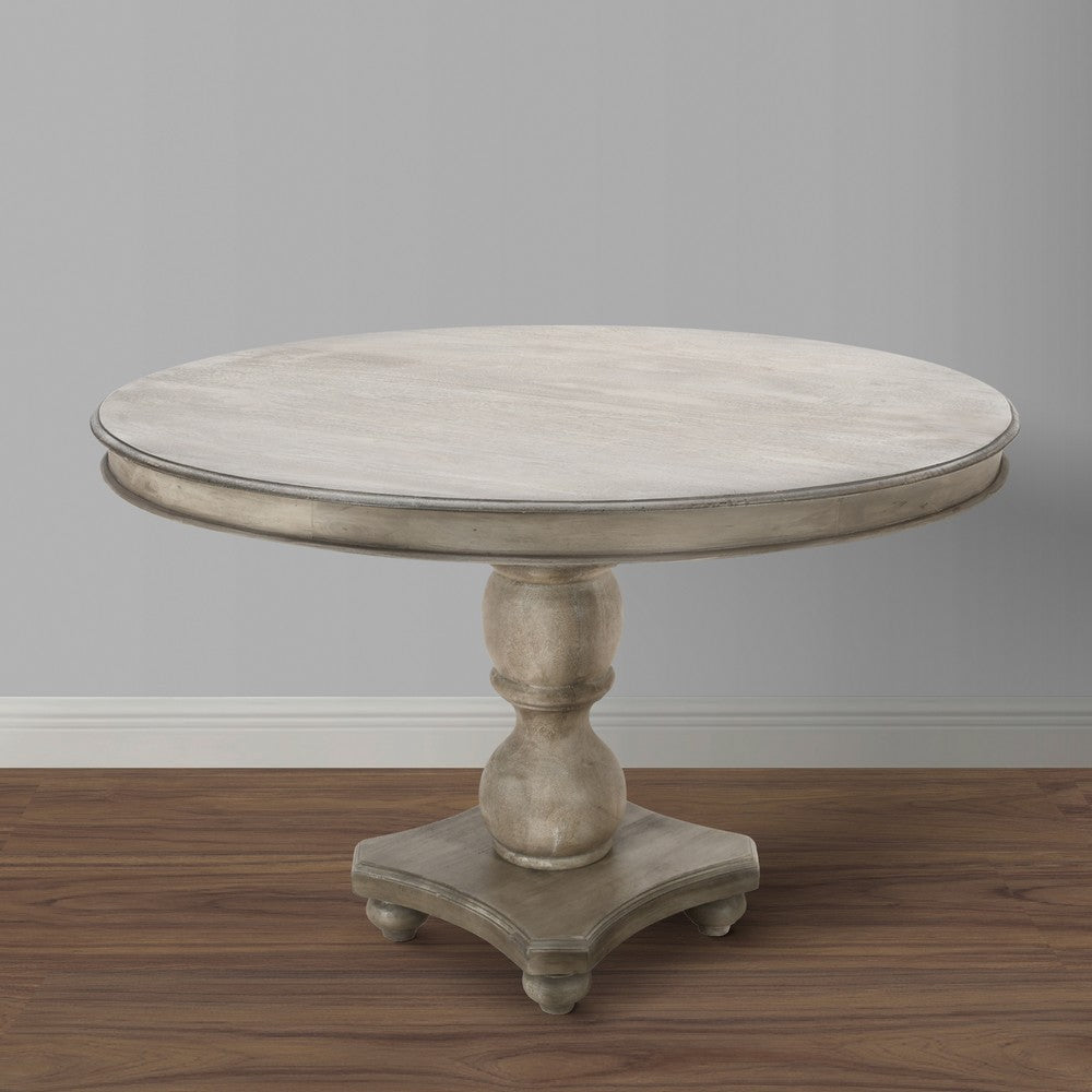 The Urban Port 42 Inch Handcrafted Mango Wood Dining Table, Pedestal Base, Round Molded Top, Washed White, Gray