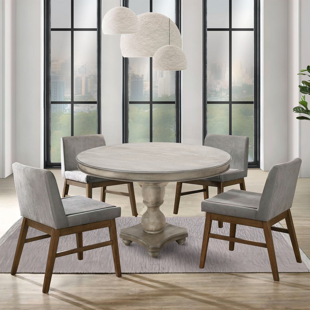 The Urban Port 42 Inch Handcrafted Mango Wood Dining Table, Pedestal Base, Round Molded Top, Washed White, Gray