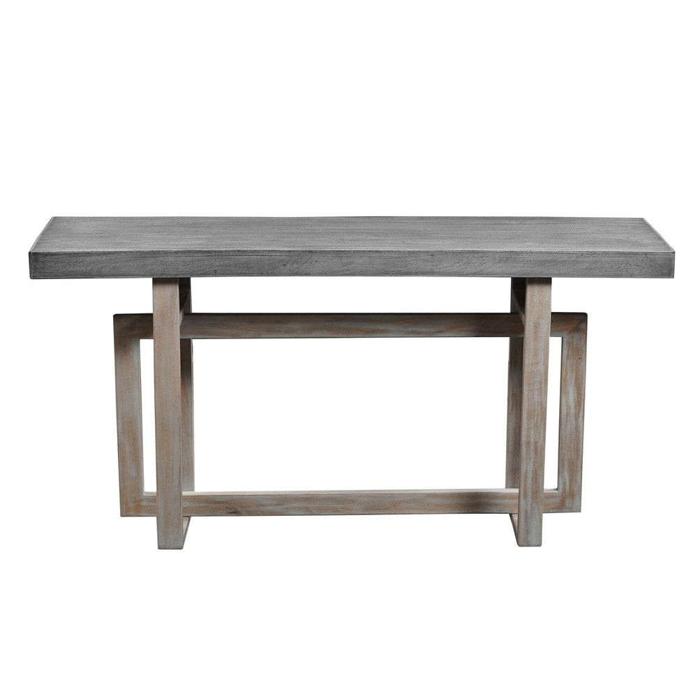 The Urban Port 59 Inch Artisan Sideboard Console Table with Geometric Interlocked Base, Distressed Matte Gray